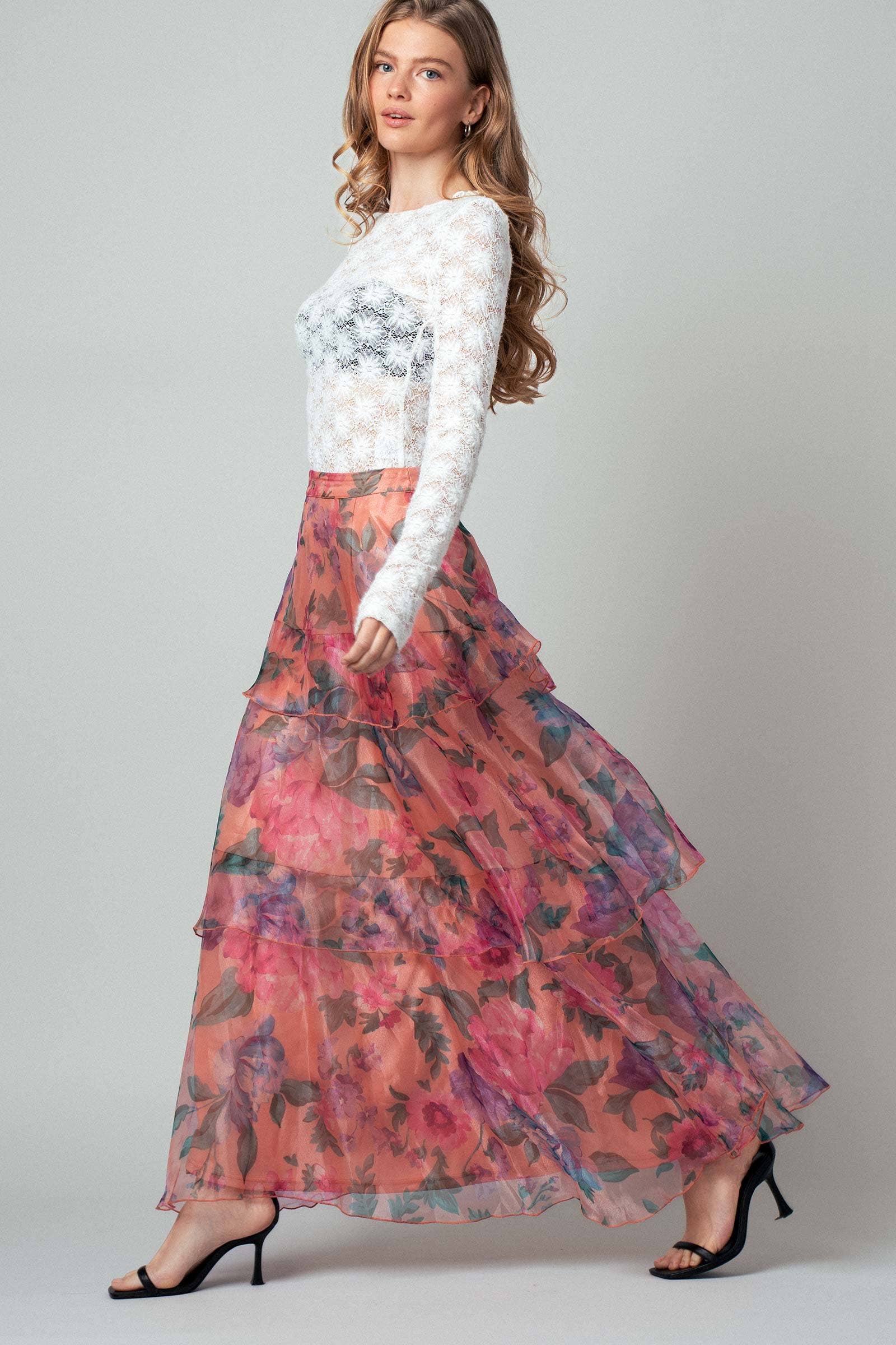 PEACH MULTI Sheer Floral Print Tiered Organza Maxi Skirt for wholesale on Faire10