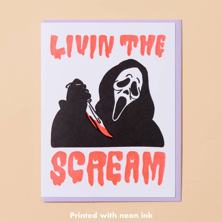Tarjeta de felicitación de Halloween "Livin' the Scream" en letterpress - Hecha en EE. UU. para venta al por mayor de And Here We Are