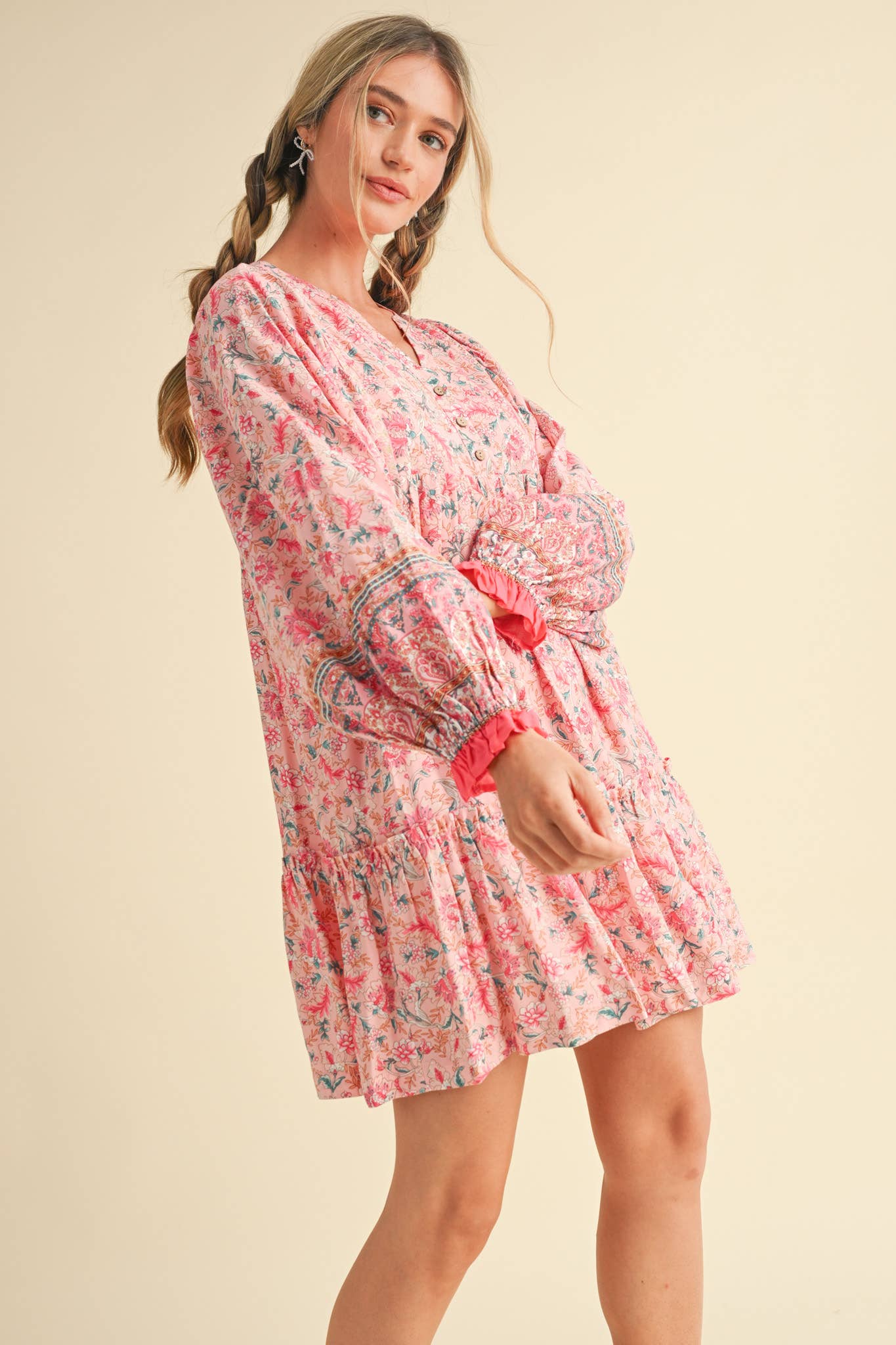&MERCI - Wholesale Dress - Women's - EXCLUSIVE PRINT PUFF SLEEVE TIERED BABYDOLL DRESS MDR349027