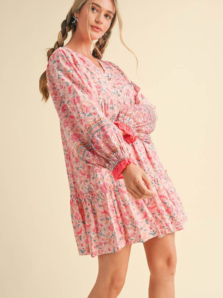 &MERCI - Wholesale Dress - Women's - EXCLUSIVE PRINT PUFF SLEEVE TIERED BABYDOLL DRESS MDR349027