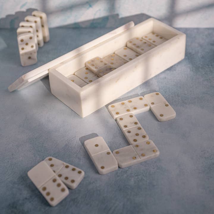 White Marble Dominoes Set W/Brass Dots Inlay for wholesale on Faire