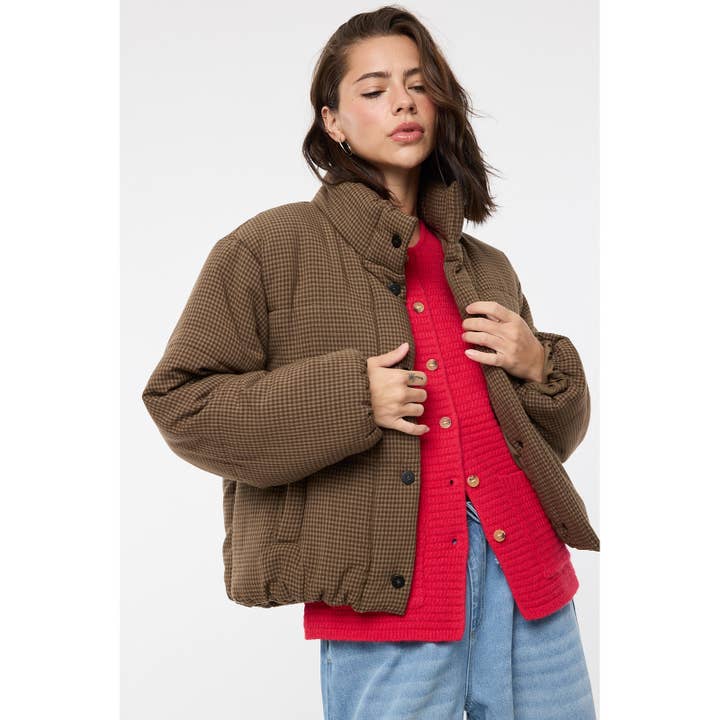 MOCHA CHOCO GINGHAM PUFFER JACKET / WL25-11019 for wholesale on Faire