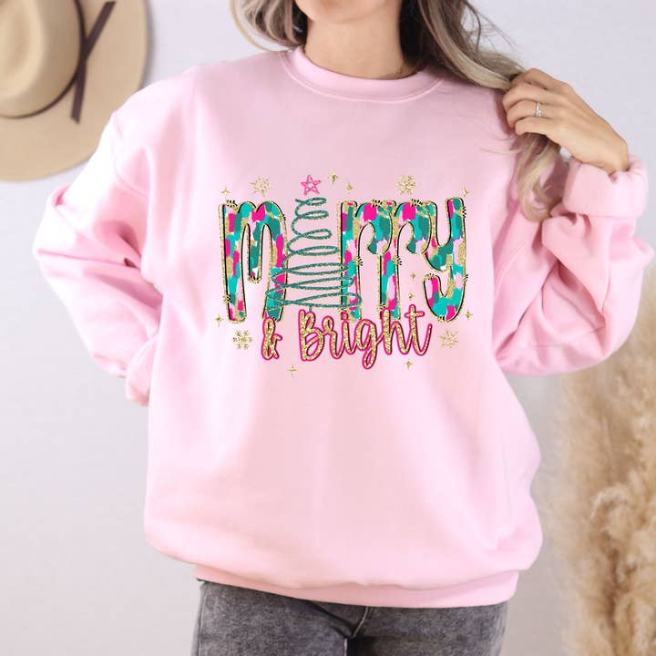 *MERRY & BRIGHT* GLITTER CHRISTMAS CREWNECK for wholesale by Nu Kustomz LLC -