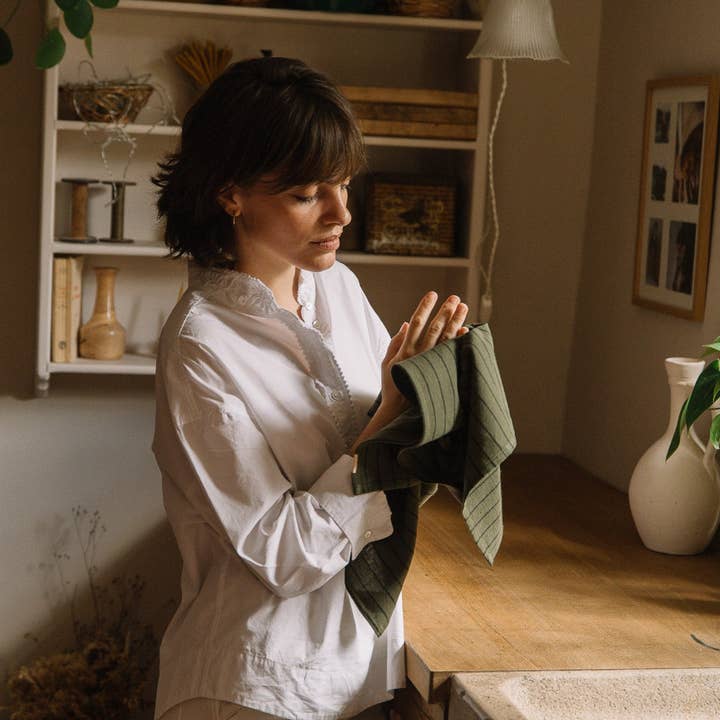 Capri Green Striped Tea Towel in Slub Cotton and other Purchase Wholesale essuie main. Free Returns & Net 60 Terms on Faire trending on Faire.