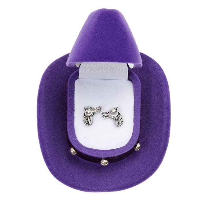 AWST Int'l Horse Head Earrings w/Purple Cowboy Hat Gift Box for wholesale by JPC Equestrian