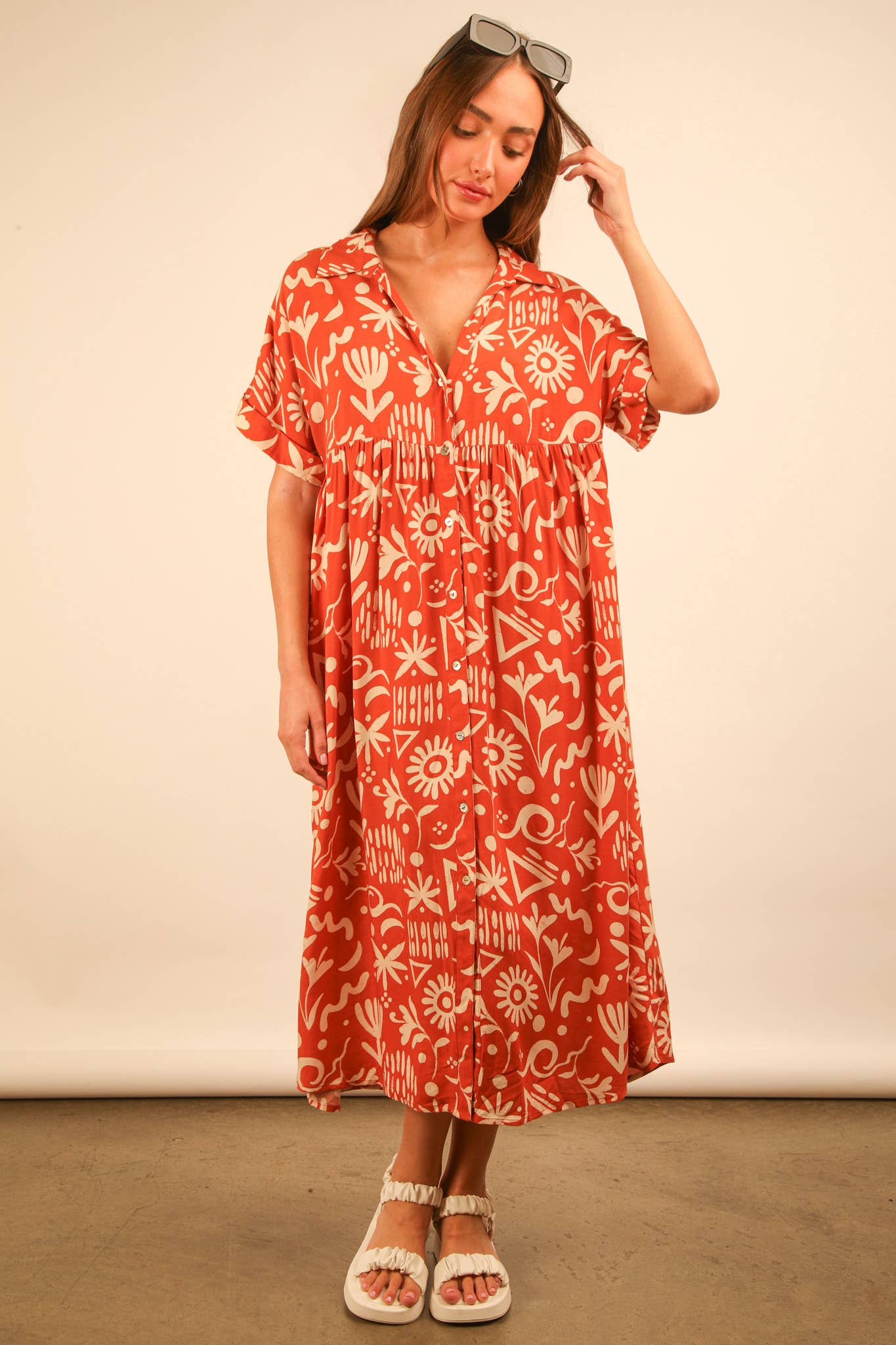 MÉLANGE COUCHER DE SOLEIL ND31583X-PLUS SIZE Robe midi à chemise imprimée surdimensionnée en vente sur Faire9