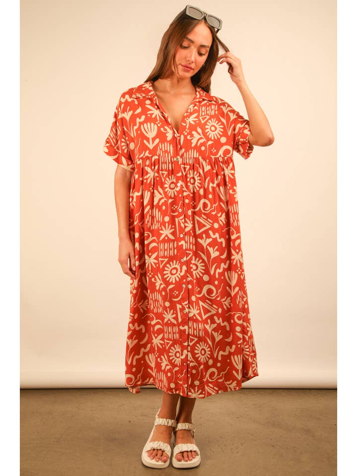 MÉLANGE COUCHER DE SOLEIL ND31583X-PLUS SIZE Robe midi à chemise imprimée surdimensionnée en vente sur Faire9