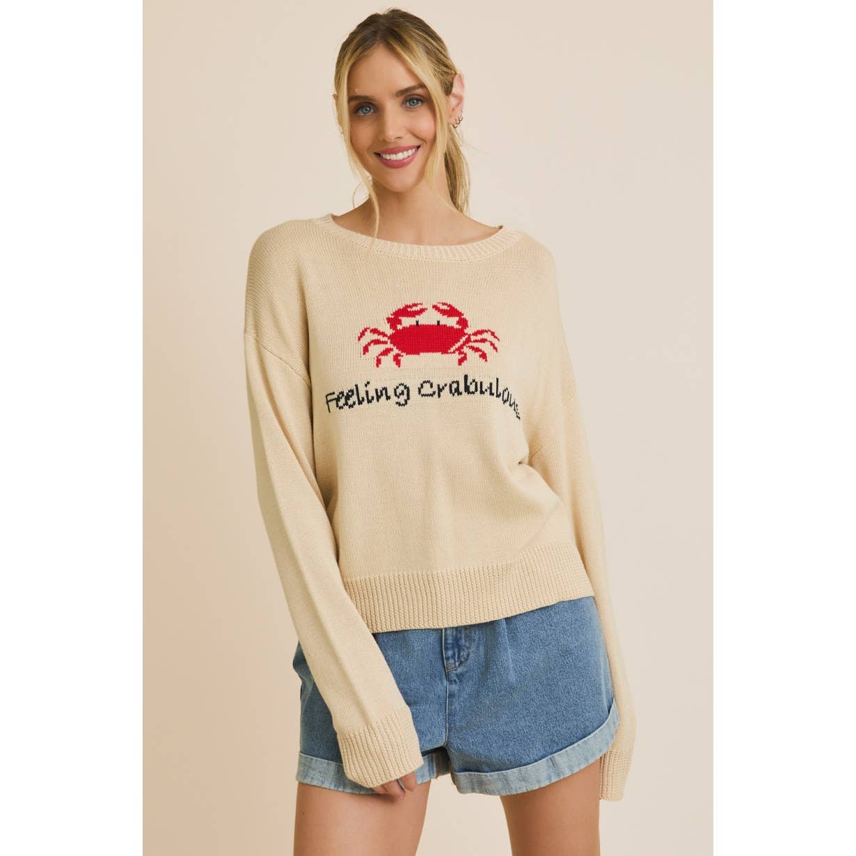 ELFENBEIN Gemütlicher Rundhals-Pullover mit Krabbenmotiv für den Großhandel auf Faire0