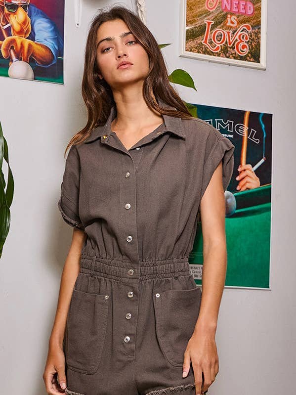 IR5118 OUTLET SALE Solid Denim Romper for wholesale by BUCKETLIST OUTLET