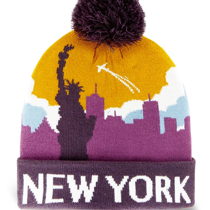 New York City Skyline Knit Beanie Hat with Statue of Liberty Pom Pom for wholesale by Northern Icons Creations INC