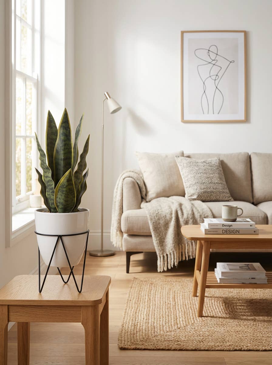 Flora Bunda Inc - Wholesale Artificial Plant - Faux Snake Plant in White Ceramic Pot with Metal Stand2