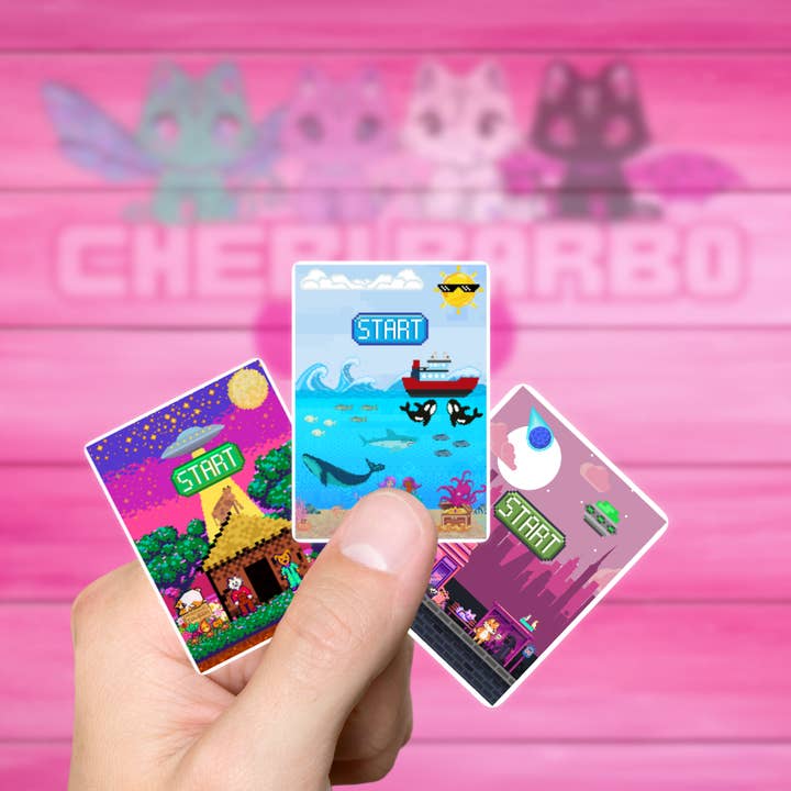 8 Bit Pixel Scene Vinyl Stickers for Gamers for wholesale by Cheri Barbo Art