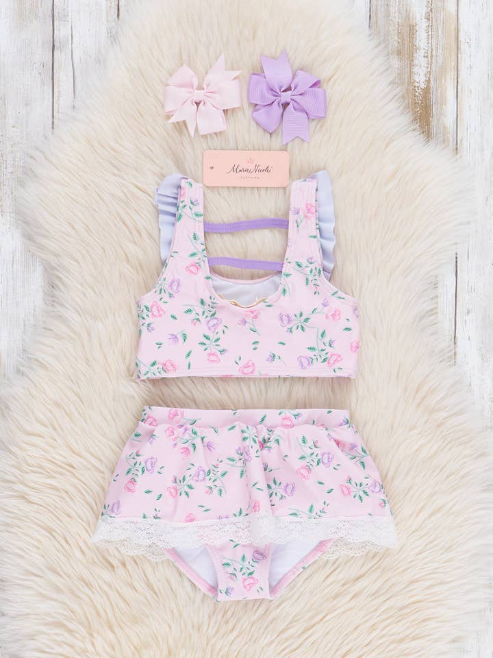 Marie Nicole Clothing - Wholesale Two Piece Swimsuit - Kids - Lacy Vintage Florals Peplum Swimsuit