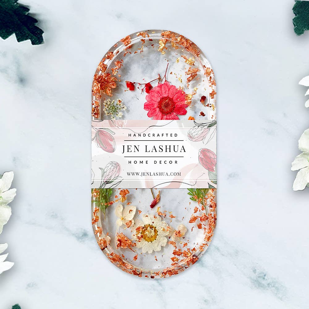 Jen Lashua | Home Decor & Gifts - Wholesale Jewelry Dish - Trinket Dish | Handmade | Clear w/ Real Red & Pink Flowers2