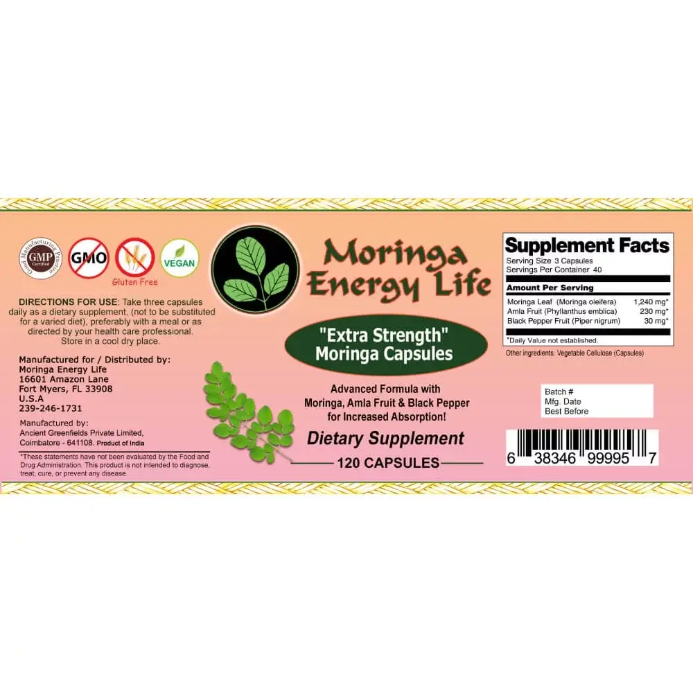 Moringa Energy Life - Wholesale Oral Supplement/Vitamin - Moringa Capsules Extra Strength 120 count - 1500mg1