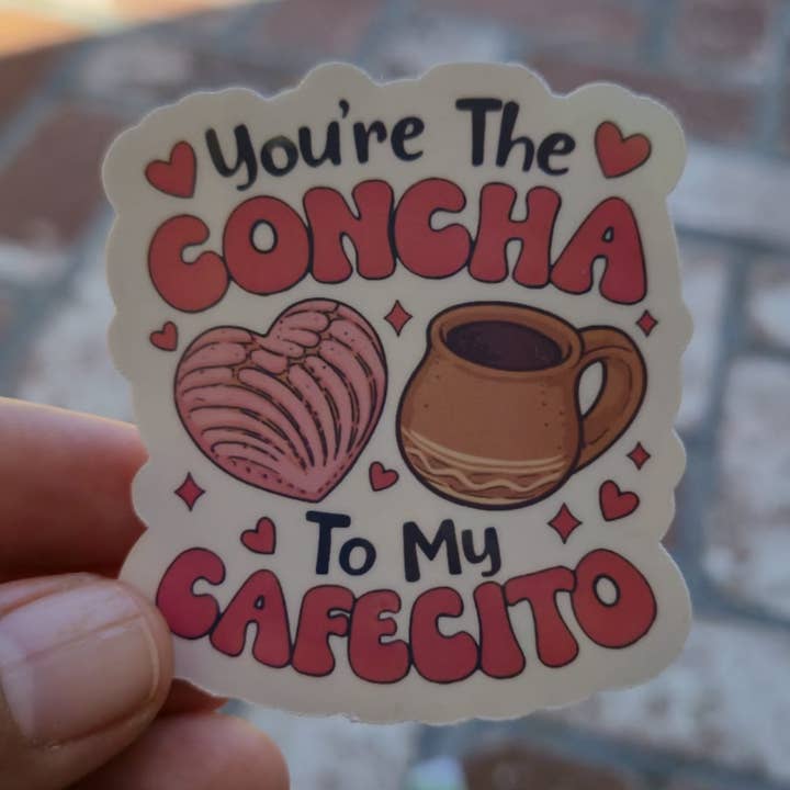 You’re the Concha to My Cafecito – Die Cut Holographic Sticker | Amor en Cada Sorbo ☕🍞💕 for wholesale by Bloom Designs