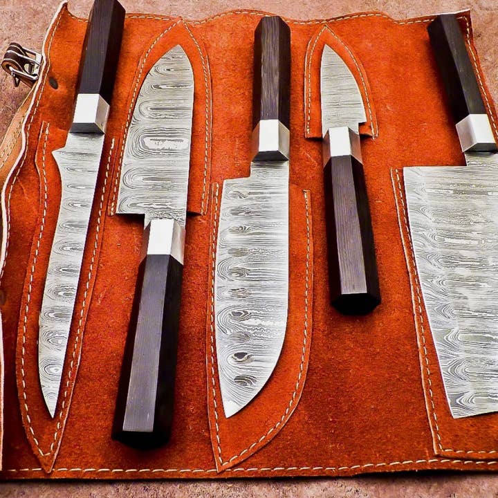 5 Pc Damascus Handmade Chef Knife Set Best Gift Japan Style. for wholesale by Bravohandicrafts