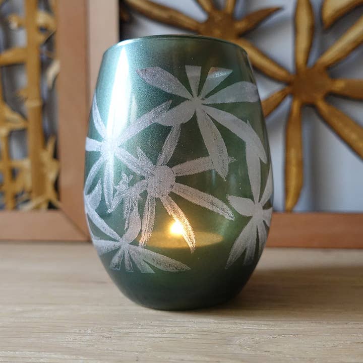 VIK - Lupins pattern engraved glass candle holder for wholesale by Graphic Home Editions