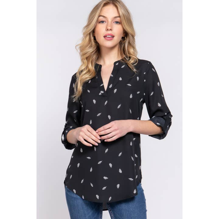 ROLL UP SLV V-NECK PRINT BLOUSE for wholesale by Apolline