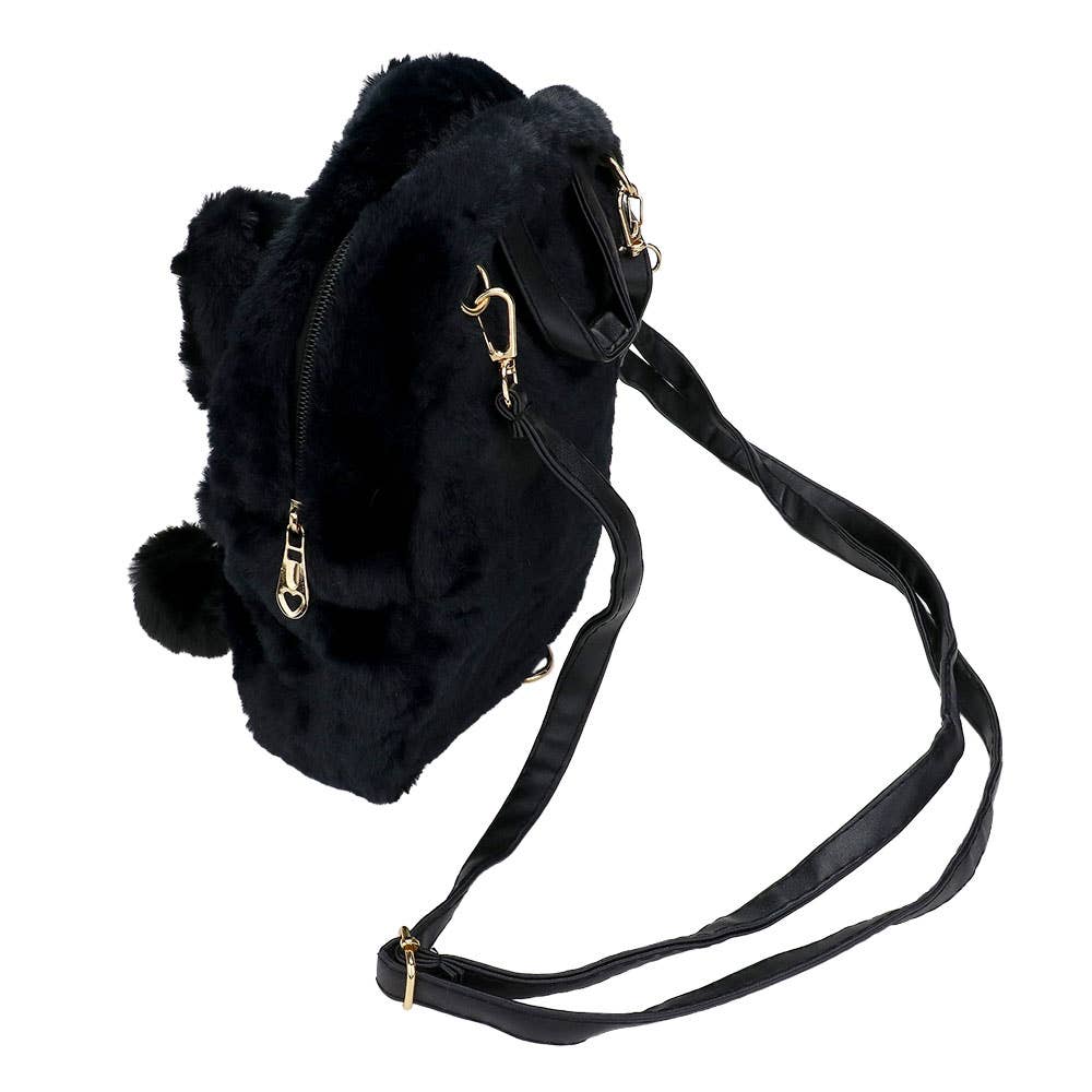 Sensibling Corp. - Wholesale Backpack - Women's - Faux Fur Bow Pom Pom Pointed Plush Mini Backpack6