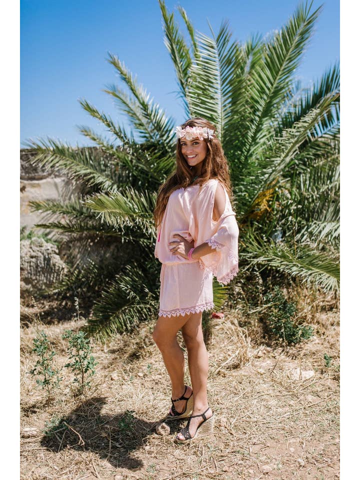 Miss Kitsch - Wholesale Dress - Women's - Peach Summer Short Dress, Tunic, Beach Cover, Boho, Resort Wear, Vacation Wear, Hippie Dress, Loose Sleeves Cancun Dress7