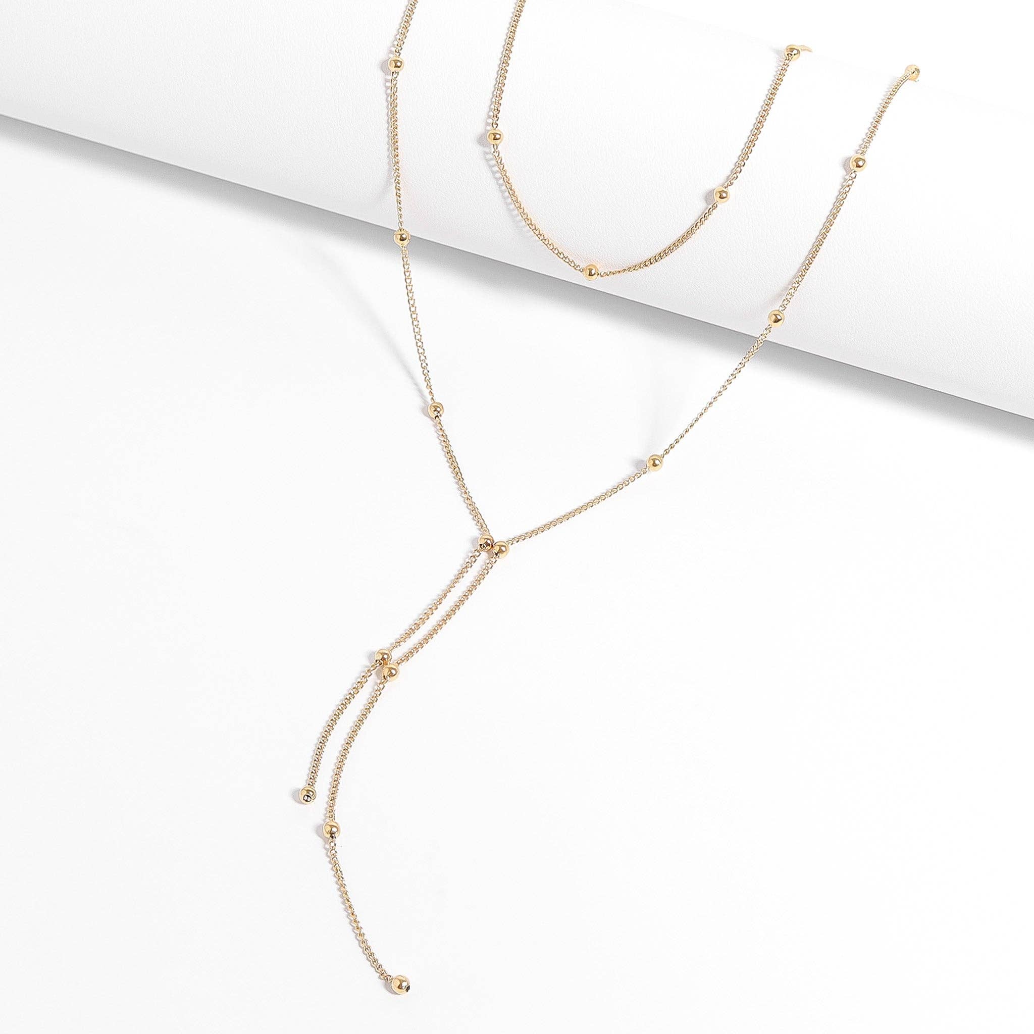 WJW - Wholesale Y-Neck/Lariat Necklace - 18K Gold PVD Stainless Steel Lariat Necklace Double Ball Bead3