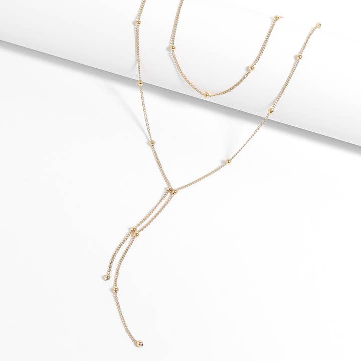 WJW - Wholesale Y-Neck/Lariat Necklace - 18K Gold PVD Stainless Steel Lariat Necklace Double Ball Bead3