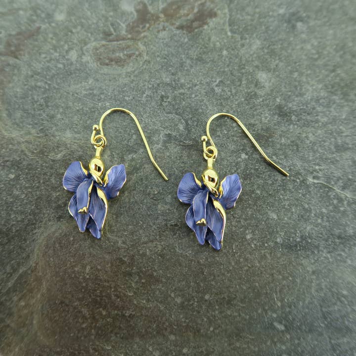 Alexander Thurlow & Co Ltd - Wholesale Dangle Earrings - Iris Violet Blue Flower Drop Hook Earrings, Gold Plated1
