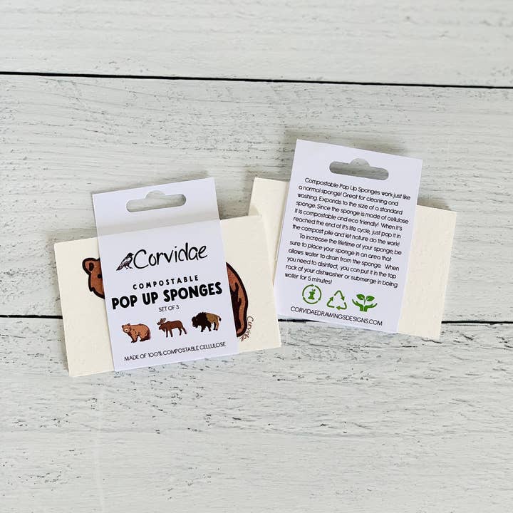 Corvidae drawings & designs - Vendita all'ingrosso Spugnetta per pulire - Spugna pop-up compostabile Bear Moose Bison - set di 32