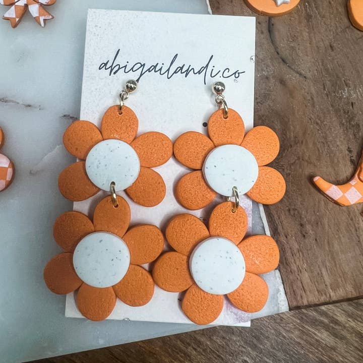 Tennessee Orange Double Daisies - Statement Dangle Earrings for wholesale by abigailandi.co