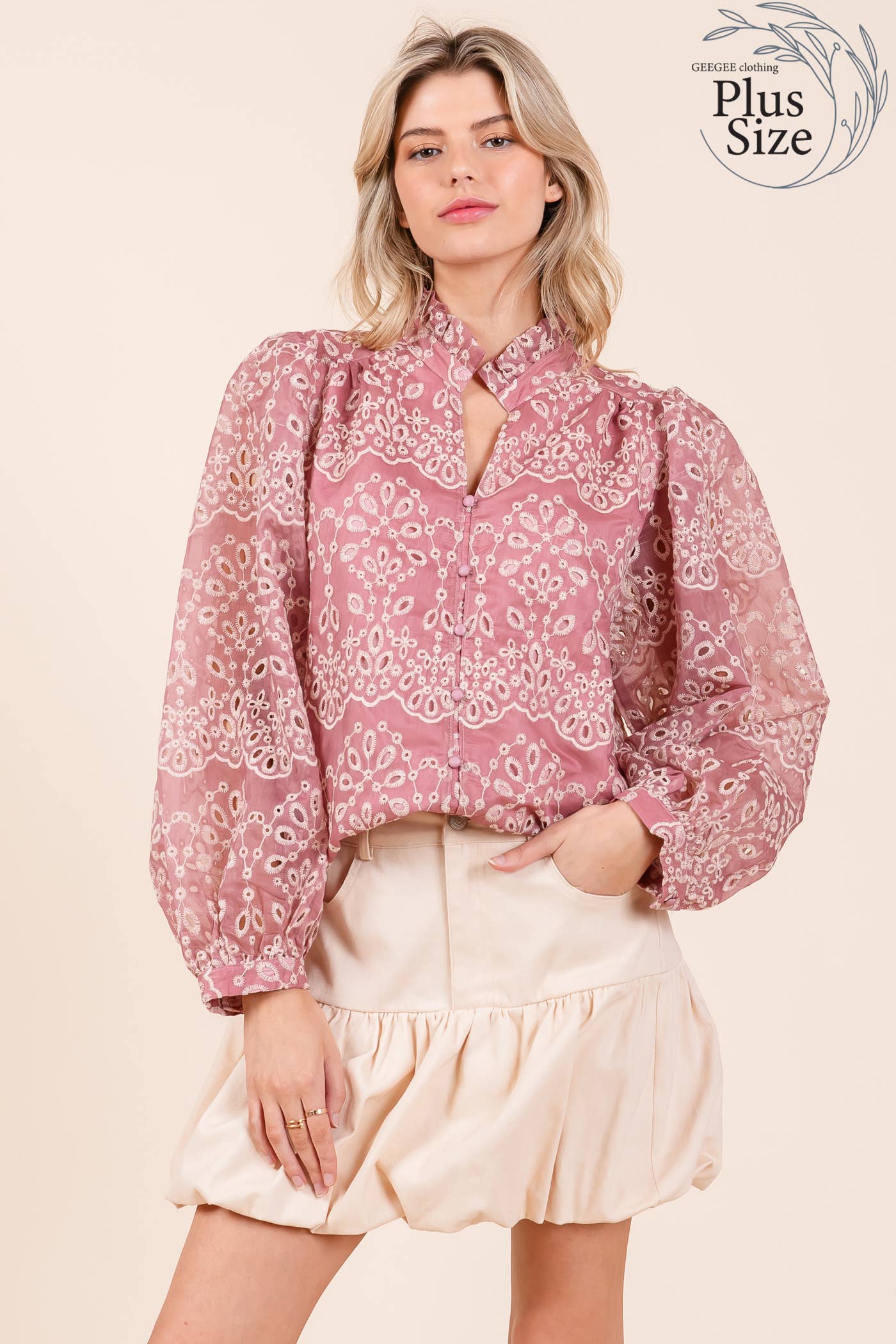 GeeGee x Lovelo - Venta al por mayor Camisa con botones - Mujer - Blusa de manga larga con ojales florales Plus, OT50860PL8