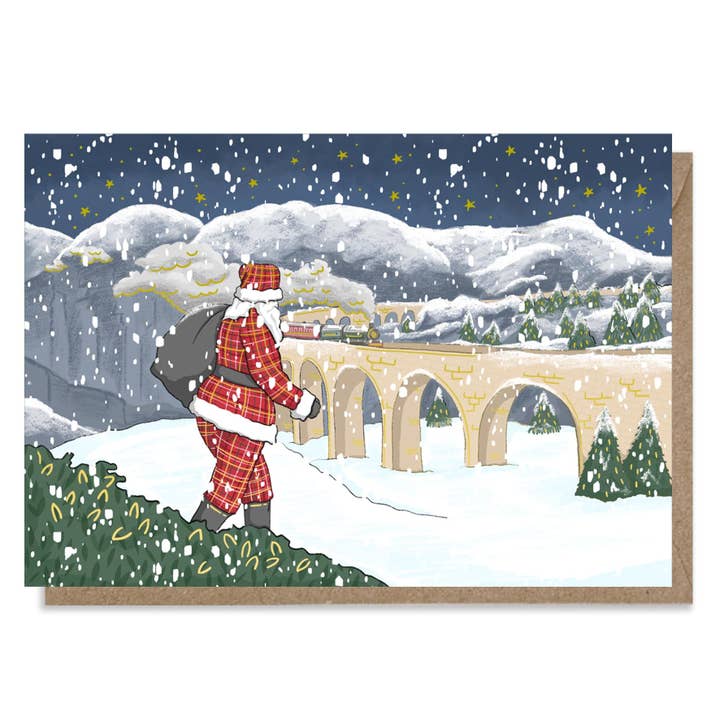 Glenfinannan and Santa Gold Foil Christmas Card for wholesale by Neon Magpie