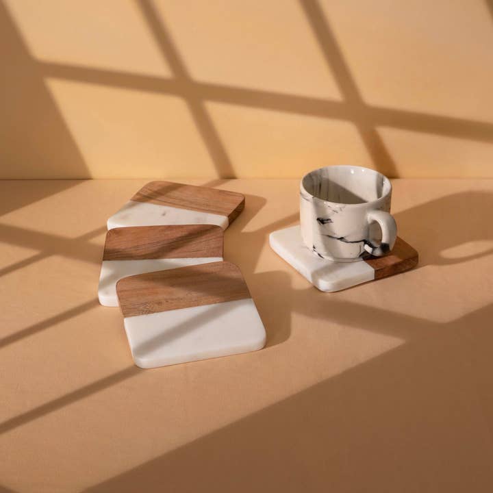 LuxeDesigns Co LLC - Wholesale Coasters - Square Wood and Marble Drinks Coasters Set of 4 7