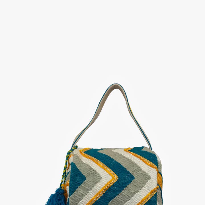 Blue Yellow M2312 Shirley Chevron Round Cotton Bag w/ Double Tassels for wholesale on Faire