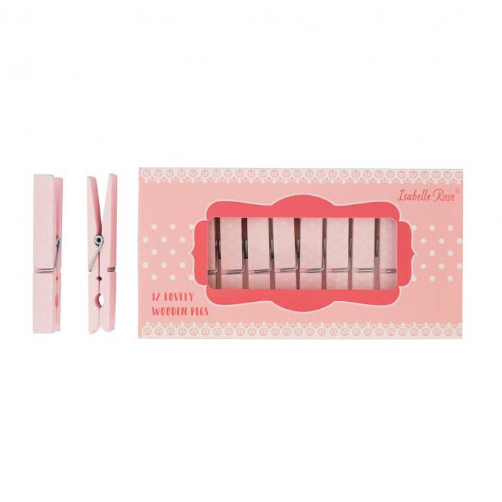 Conjunto de pregadores de madeira rosa com bolinhas, 12 unidades na caixa Isabelle Rose por atacado de Isabelle Rose