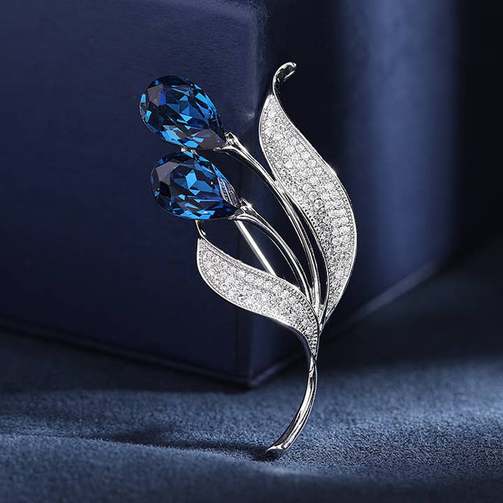 Gaia Fashion Inc - Wholesale Brooch - Fashion Corsage Button Pin Blue Zircon Crystal Tulip Brooch4
