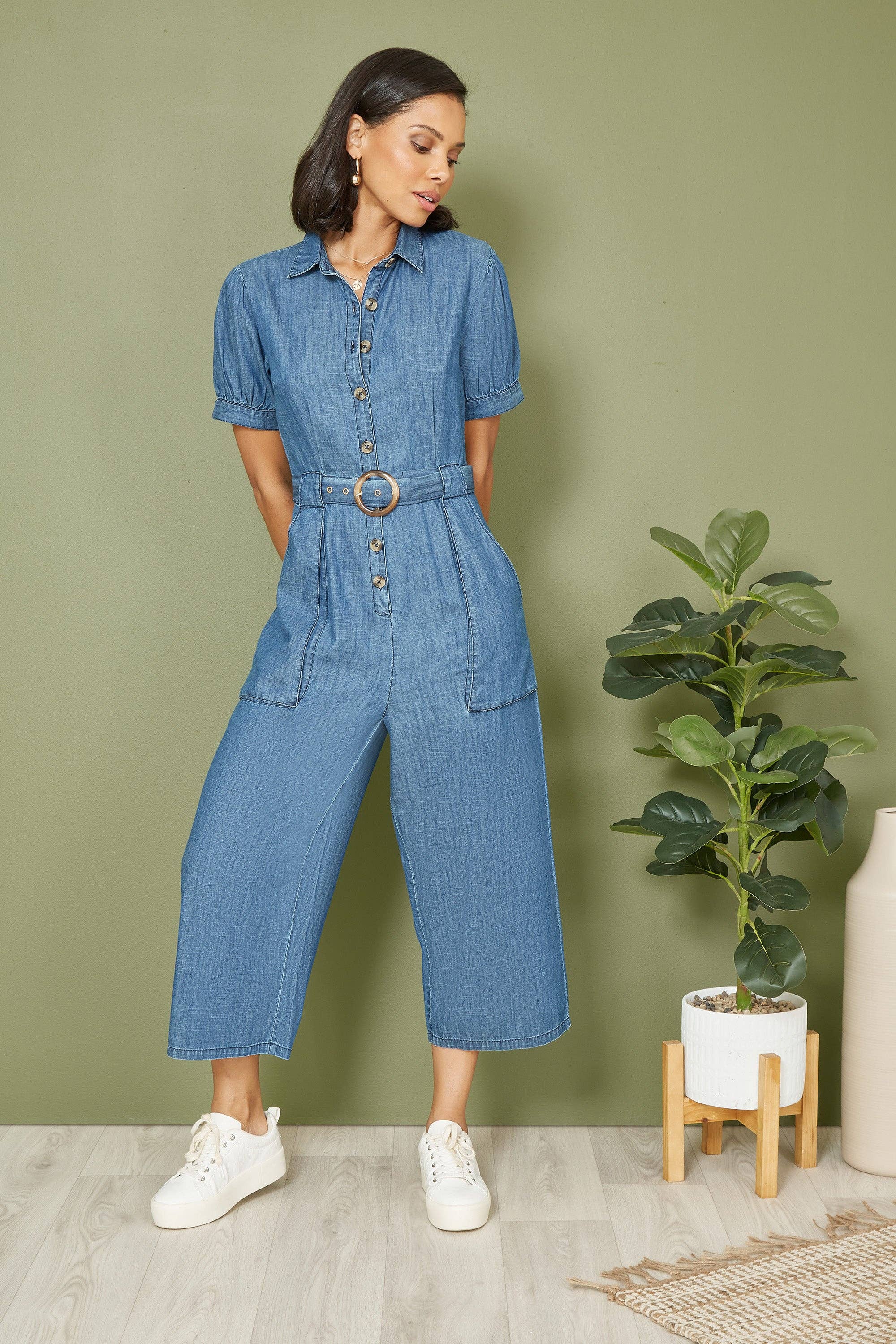 Yumi Blue Cotton Chambray Button Up Jumpsuit for wholesale on Faire1