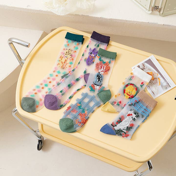 Cartoon Animal Pattern Transparent Summer Socks for wholesale by Tourtiwi