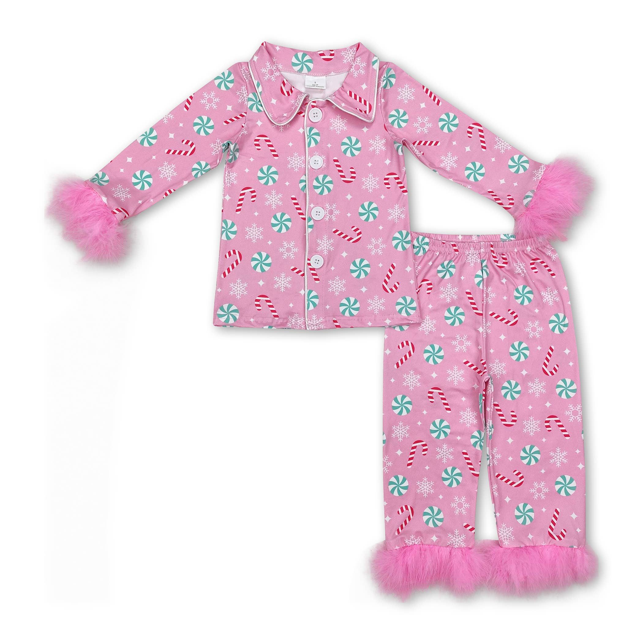 Yawoo Garments - Vente Haut et bas de pyjama – enfant - Pyjama boutonné en fourrure pour filles avec nœud en pain d'épice et sapin de Noël6