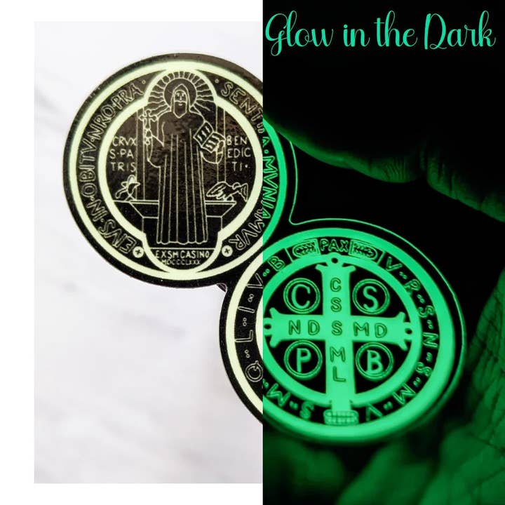 Saint Benedict Medal Glow in the Dark Sticker for wholesale by worthy of Agape