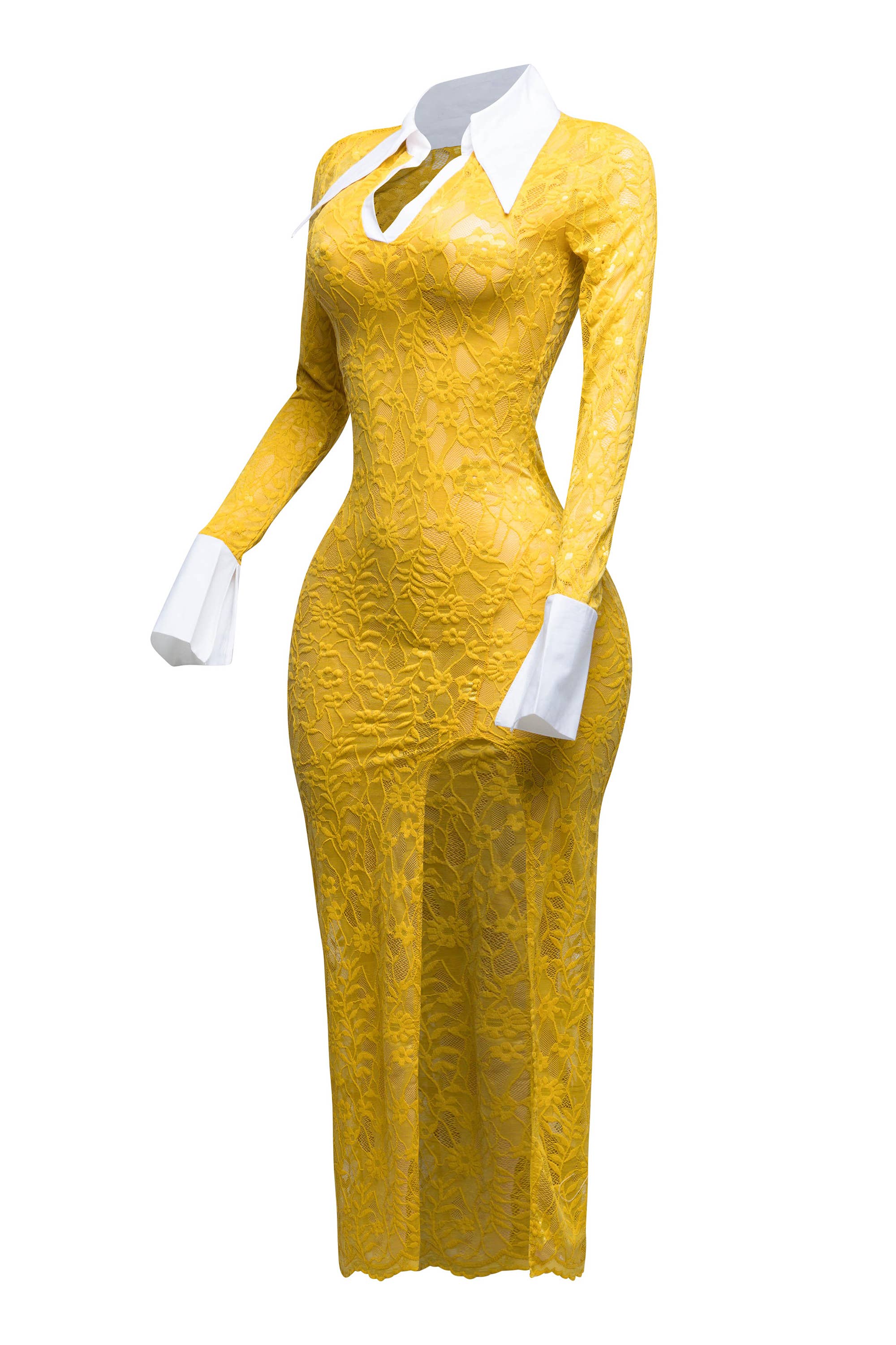 K Too - Vendita all'ingrosso Vestito - Donna - Abito lungo in pizzo con colletto Accent e spacco2