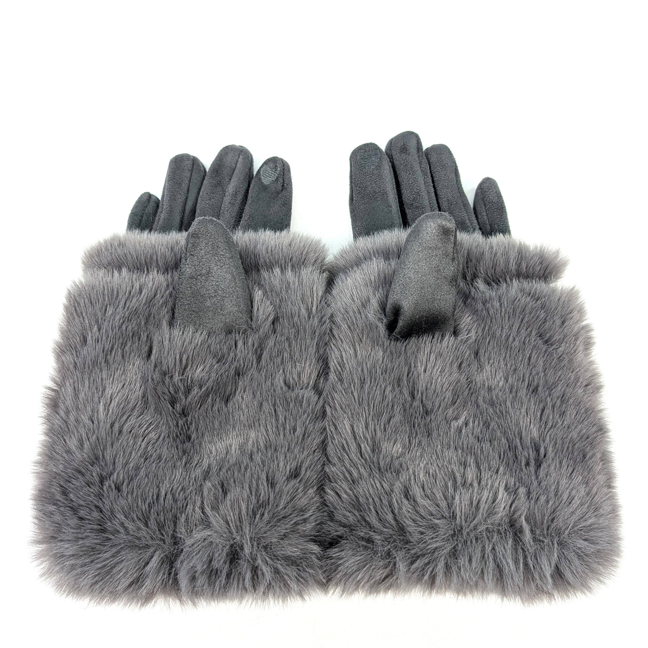 Black Ginger – wholesale Gloves – Women's – Super Fluffy Faux Fur Two in One Gloves - Dark Grey1