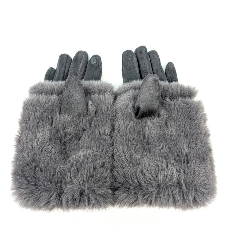 Black Ginger – wholesale Gloves – Women's – Super Fluffy Faux Fur Two in One Gloves - Dark Grey1