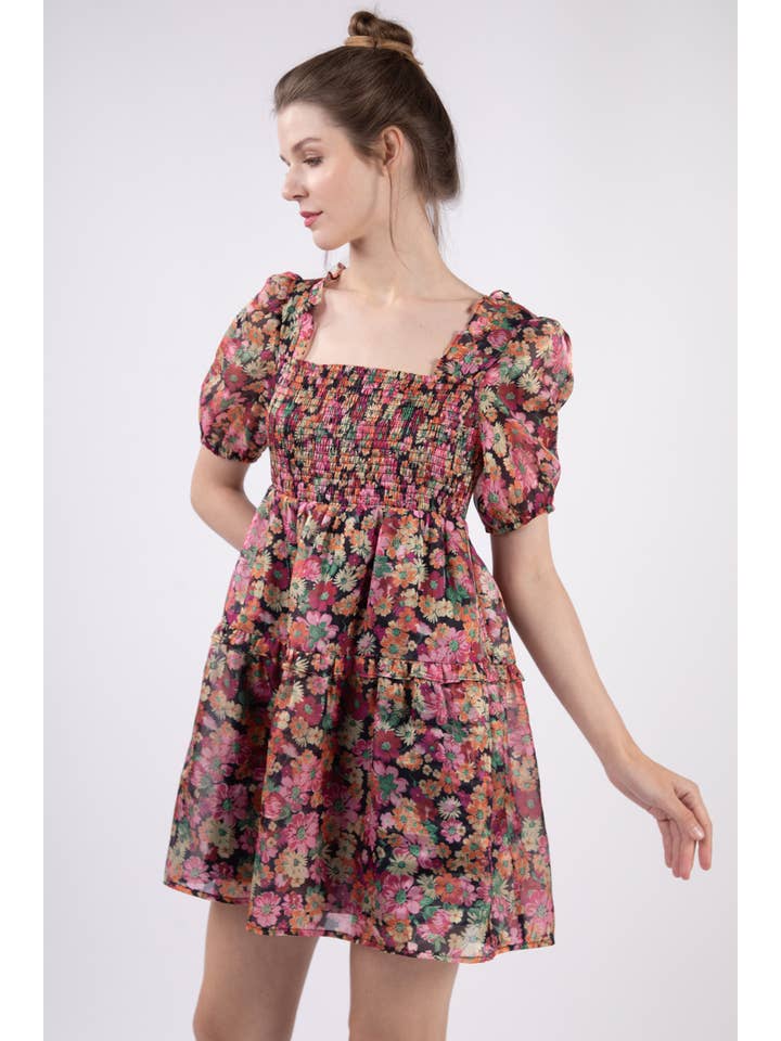 VERY J - Wholesale Dress - Women's - VD33872-Floral Organza Sheer Fabric Babydoll Mini Dress