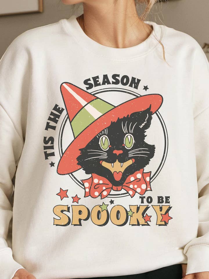 Retro Spooky Cat Halloween Crewneck Sweatshirt Y2k Trend for wholesale by Monday Muse