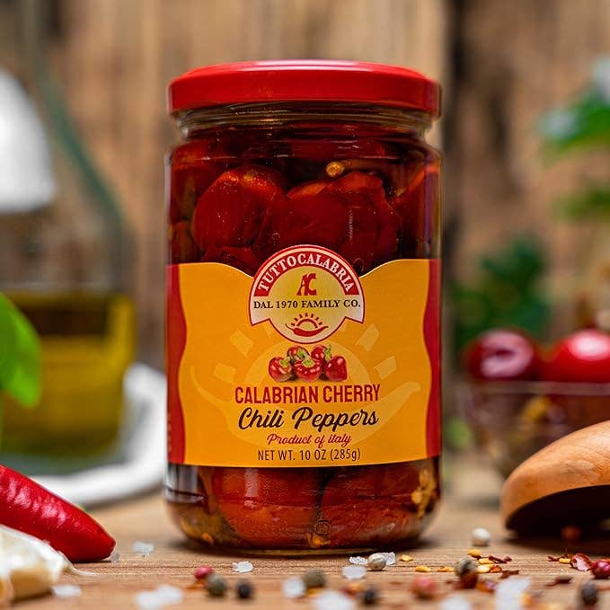 Wholesale Italian Food - Wholesale Pickled Vegetables - TuttoCalabria, Whole Round Cherry Calabrian Peppers in Oil, 10 oz5