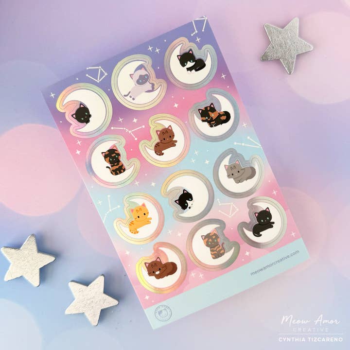Moon Cats Holo Foil Sticker Sheet for wholesale by Meow Amor Creative