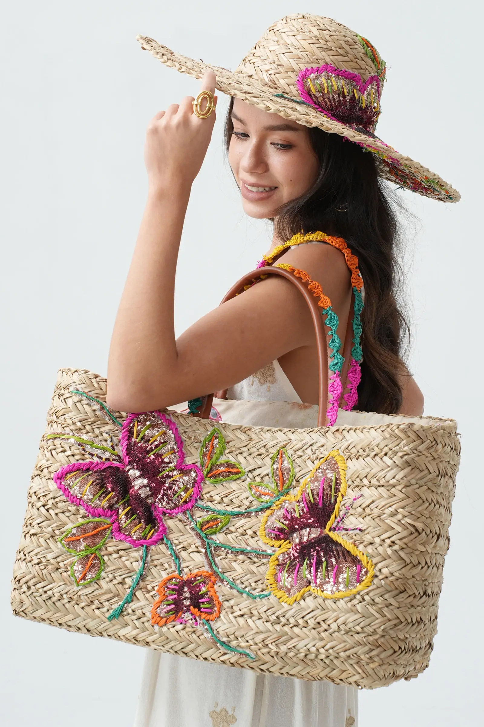 multicoloured Straw Tote Bag With Sequin Butterfly Embroidery BA15323 for wholesale on Faire1