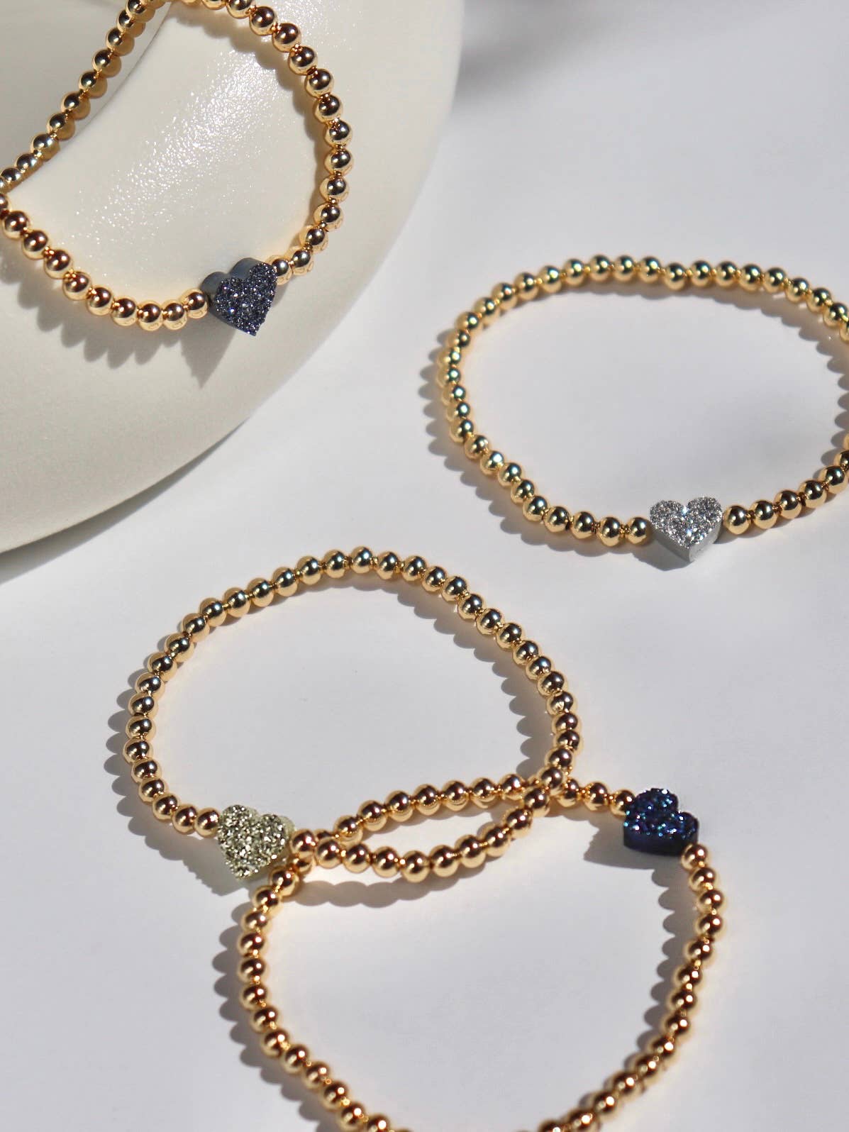 Kaylie Dawn Jewelry - Wholesale Beaded Bracelet - Druzy Heart Handmade Stretchy Gold Beaded Bracelet, 4 Colors6