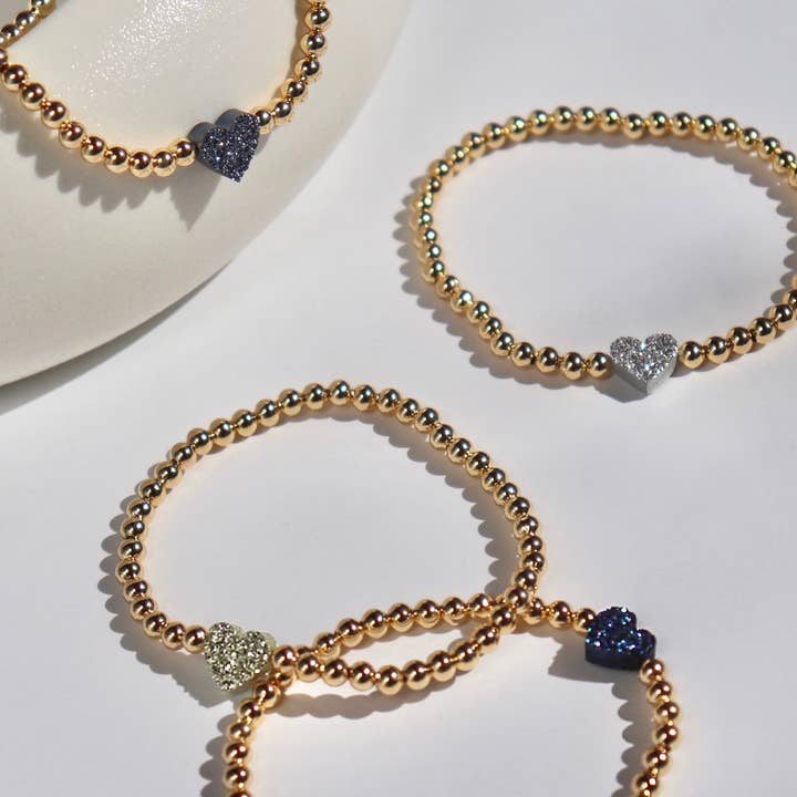 Kaylie Dawn Jewelry - Wholesale Beaded Bracelet - Druzy Heart Handmade Stretchy Gold Beaded Bracelet, 4 Colors6